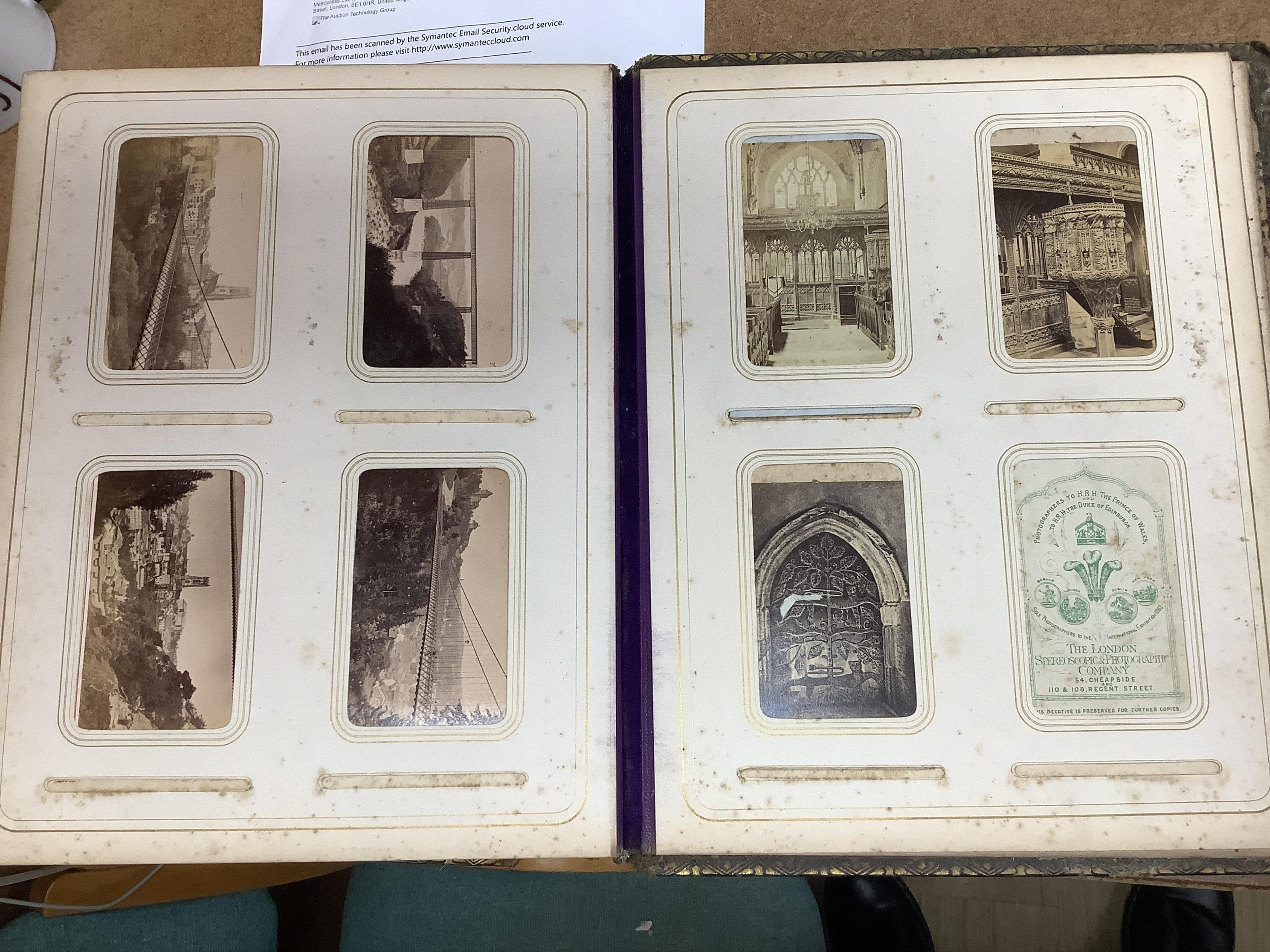 A Victorian malachite mounted amboyna family photograph album, 23cm x 30cm
